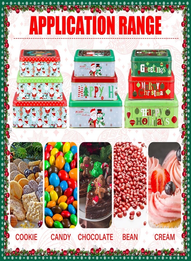 Nitial 9 Pack Christmas Cookie Tins with Lids for Gift Giving, Cookie Exchange, Holiday Treats, Square Festive Metal Nesting Containers Xmas Candy Boxes, 3 Sizes Large Medium Small - Image 3